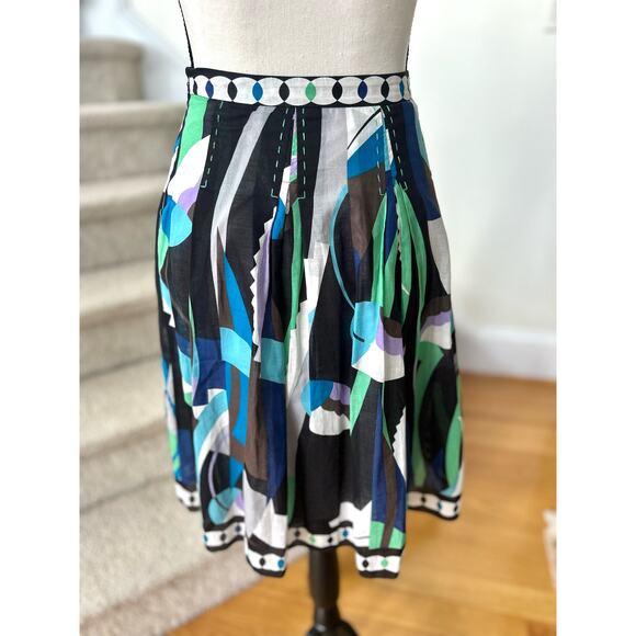 Elie Tahari Blue Green Black Mod Italian Printed A-Line Skirt - Picture 3 of 8